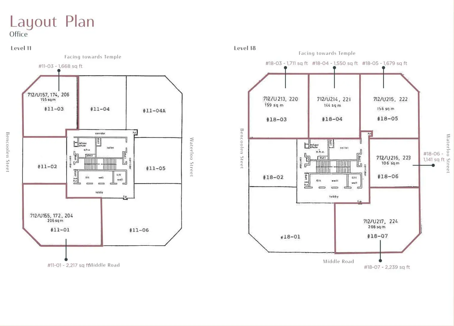 Office layout plans for Fortune Centre Levels 11 and 18, with unit areas marked in square feet and square metres