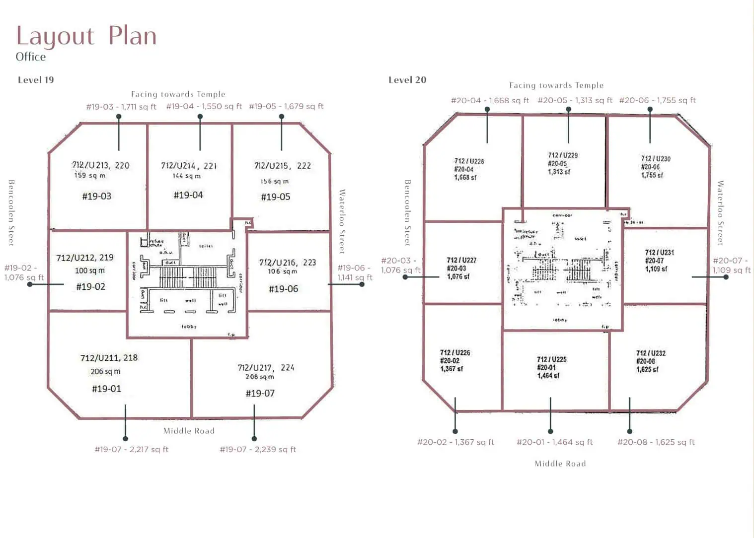 Office layout plans for Fortune Centre Levels 19 and 20, with unit numbers and areas from 1,076 to 2,239 square feet