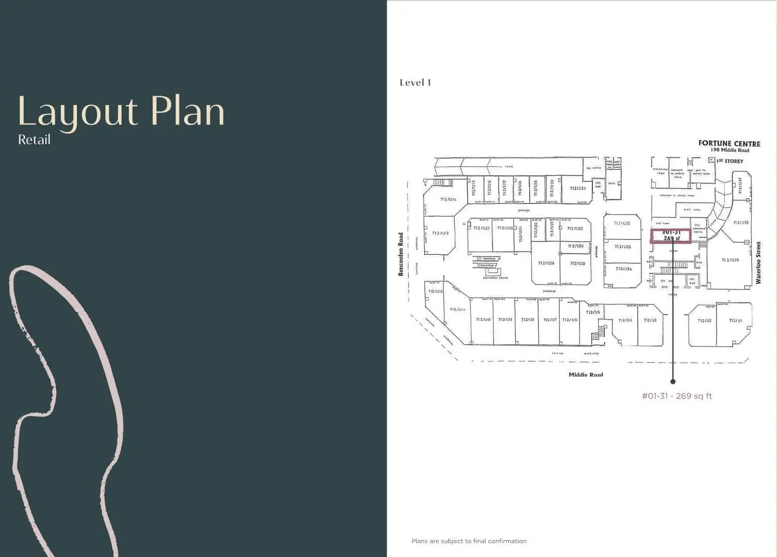 Layout plan of Fortune Centre Level 1 retail, showing strata lot boundaries between Bencoolen Road, Middle Road and Waterloo Street
