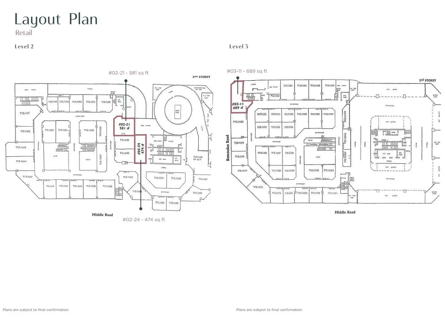 Layout plans of Fortune Centre Levels 2 and 3 retail, showing the escalator void, ramp and strata lot boundaries