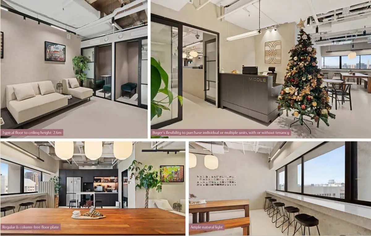 Interior photographs of a fitted-out office at Fortune Centre showing a lounge area, reception, kitchen and a window bar counter with city views