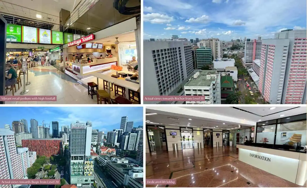 Four photographs: the retail podium with vegetarian stalls and Ya Kun Kaya Toast, views towards Rochor from Level 19 and towards Bugis from Level 20, and the office lift lobby with its information counter